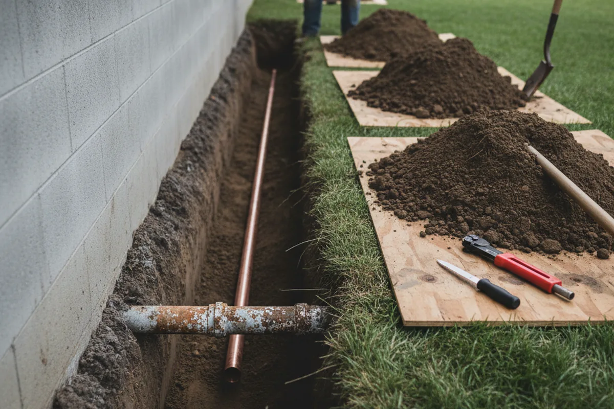 Excavated water line trench during Sewer Line Repair in South Ozone Park